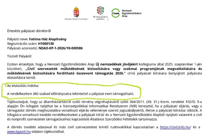 A pályázat elutasításának indoklása – Fotó: Fatima Ház Alapítvány / Facebook