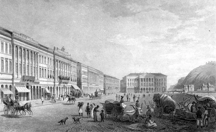 A Feldunasor az 1850-es években, jobb oldalon a Nemzeti Casino épülete, Ludwig Rohbock acélmetszete. – Fotó: Wikipedia
