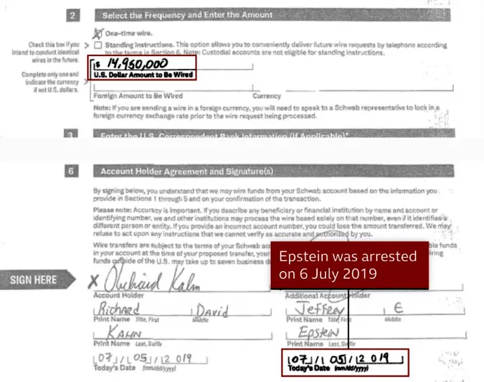 Az Epstein által aláírt utalás – Fotó: US Department of Justice