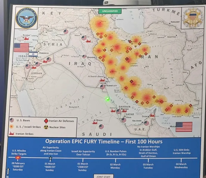 A háború első 100 órájában végrehajtott amerikai és izraeli csapások térképe – Fotó: Idrees Ali / Reuters