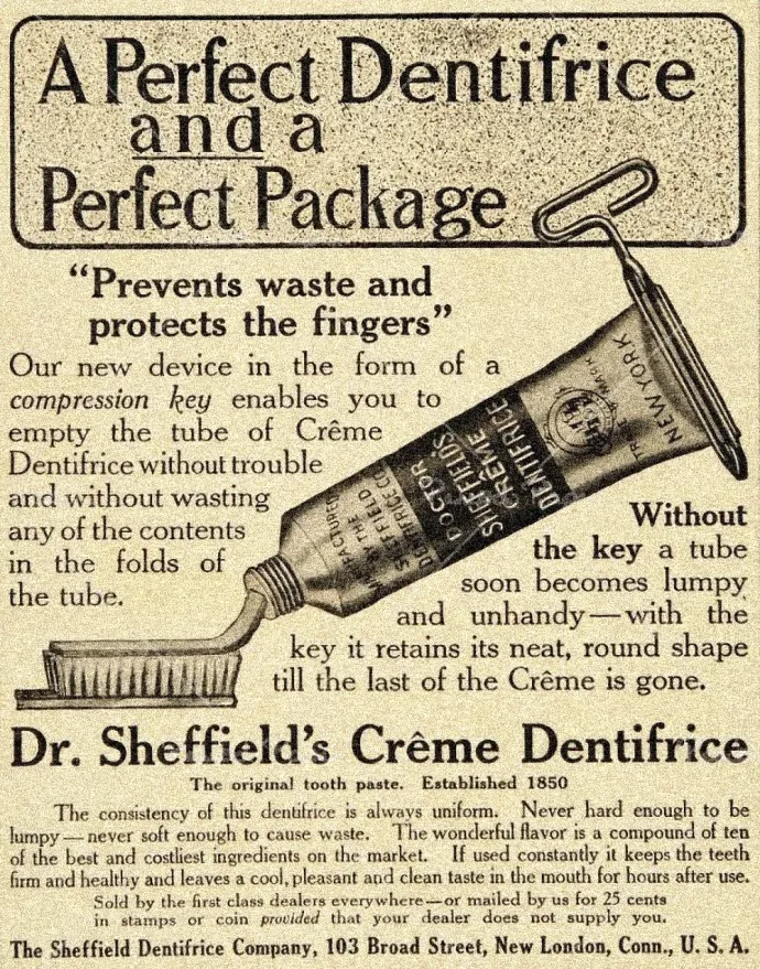 A Sheffield tubusos fogkrém korabeli hirdetése – Forrás: Sheffield Pharmaceuticals’ Private Archives