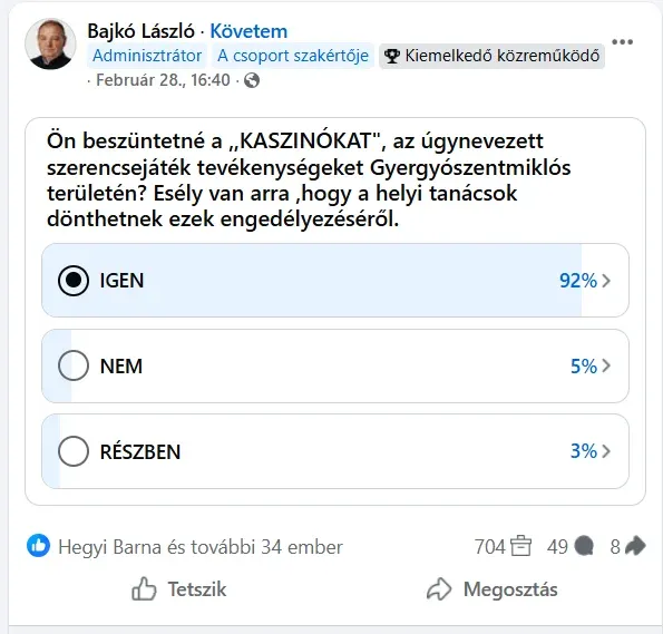 Bajkó László városi tanácsos kérdezi egy EMSZ-hez köthető Facebook-csoport tagjait – Forrás: szavazás képernyőmentése