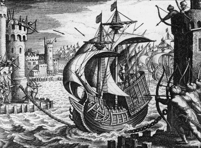 Lánccal védett kikötő egy kikötői ostromot ábrázoló 16. századi metszeten – Fotó: Hulton Archive / Getty Images