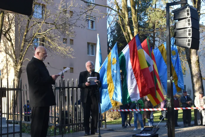 A Mi Hazánk zászlót bontott a beszédek idején, a fideszes képviselő beszéde alatt a dombtetőn lengett a zöld-fehér zászló a horgászbot szerű rúdon – Fotó: Tőkés Hunor / Transtelex