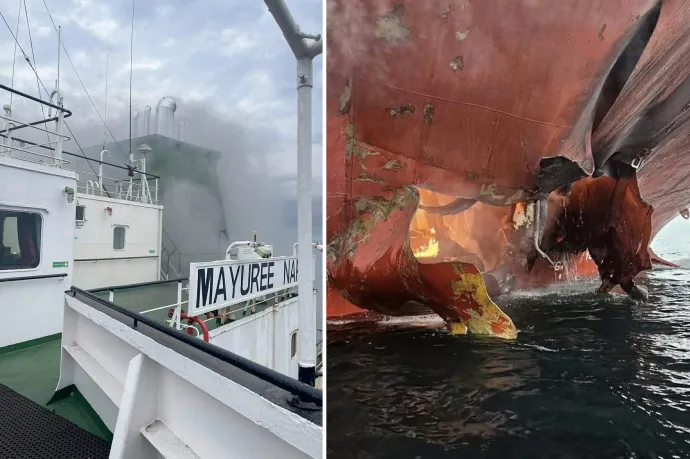 A Királyi Thai Haditengerészet által kiadott képeken a Mayuree Naree nevű teherhajó látható, miután találat érte a Hormuzi-szoros közelében – Fotó: Royal Thai Navy; Reuters