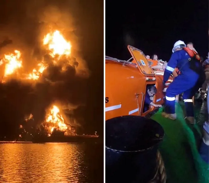 Lángoló olajszállító hajó, amit az éjszakai iráni támadás során gyújtottak fel és az egyik hajó legénysége, amint biztonságba helyezik őket a mentőkabinból – Fotó: Media Office of Iraqi Ports / Reuters