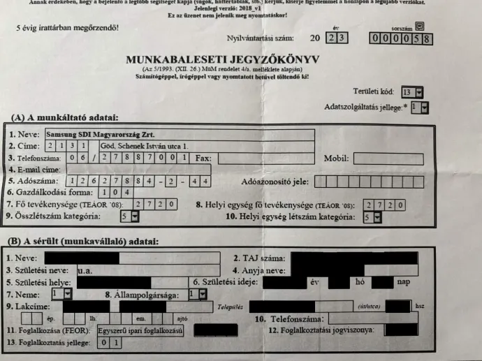 A jegyzőkönyv, amit Ádám balesete kapcsán állított ki az üzem