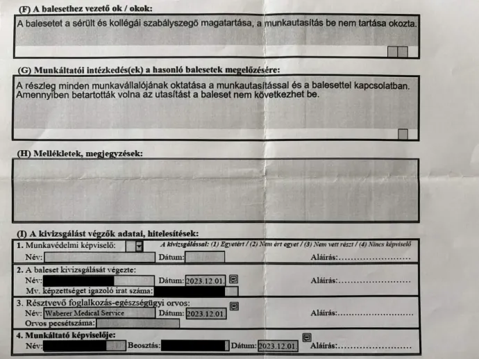 A jegyzőkönyv, amit Ádám balesete kapcsán állított ki az üzem