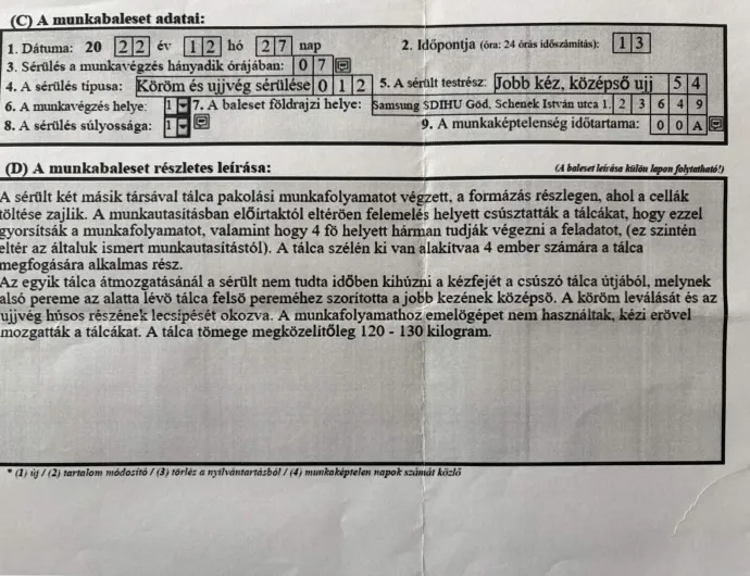 A jegyzőkönyv, amit Ádám balesete kapcsán állított ki az üzem