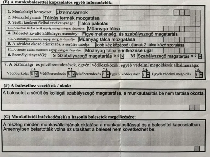 A jegyzőkönyv, amit Ádám balesete kapcsán állított ki az üzem