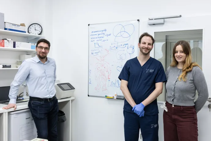 Kitka Tamás ügyvezető, illetve Simon A. Márton és Hajdara Anna kutatók, a CREATe Therapeutics laborjában – Fotó: Bődey János / Telex