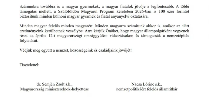 Az oktatási-nevelési támogatást igénylőknek küldött levél részlete