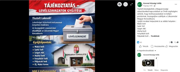 A hibáktól hemzsegő felhívás, amiben arra biztatják a korondiakat, hogy adják le szavazatukat – Fotó: Korond községi infók / Facebook