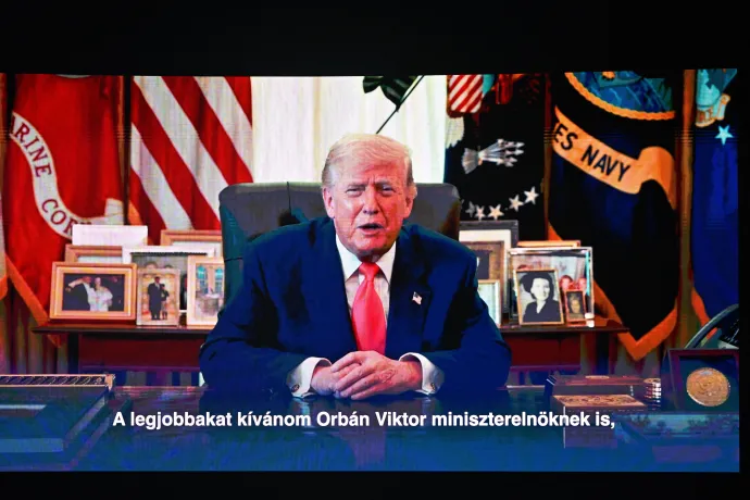 Donald Trump amerikai elnök videóüzenete a CPAC Hungary 2026 rendezvényen a MTK Sportparkban 2026. március 21-én – Fotó: Máthé Zoltán / MTI