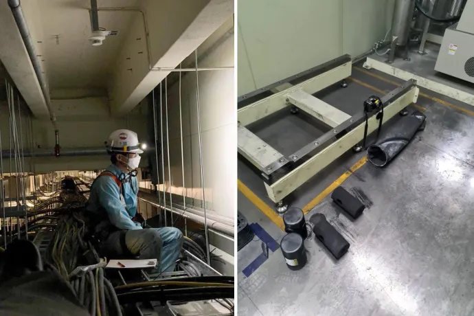 Így dolgozik a gyár munkatársa az álmennyezet feletti szennyezett térben, és a fekete porral eltömődött légtechnikai szűrők – Fotó: Olvasói fotó / Telex