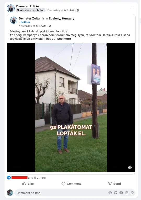 Demeter Zoltán – a Fidesz képviselőjelöltjének (Borsod 4-es OEVK) posztja a „Kazincbarcika, Edelény, Forró és térsége – DPK” zárt DPK csoportban