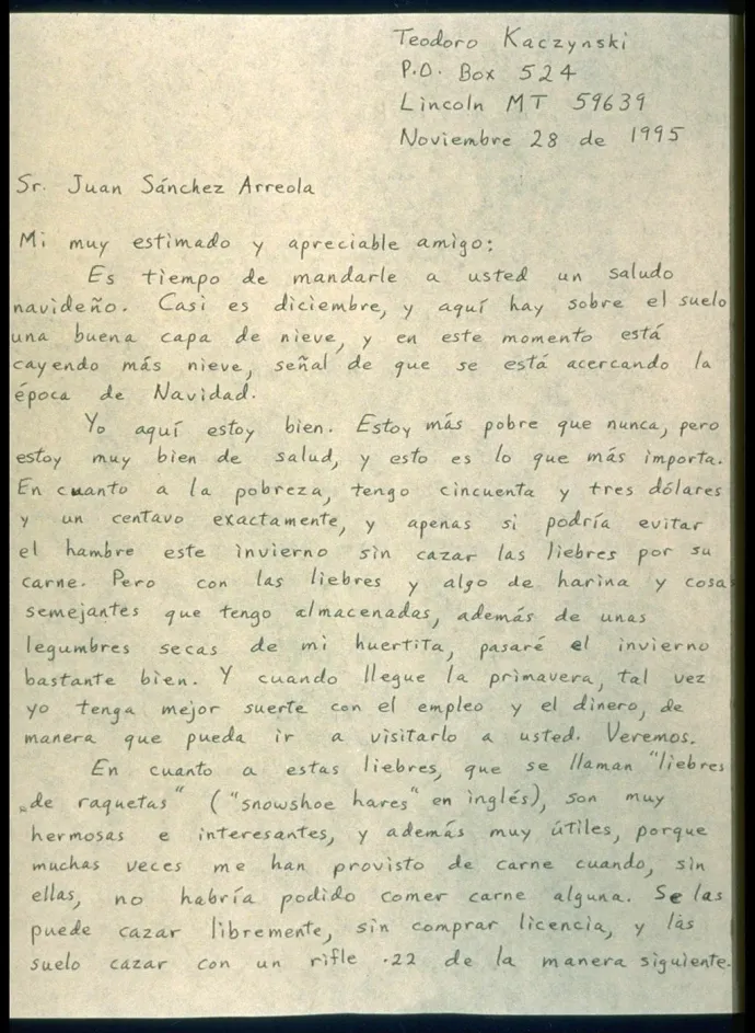 Ted Kaczynski egy korábbi kézzel írott levele – Fotó: F. Carter Smith / Sygma / Getty Images