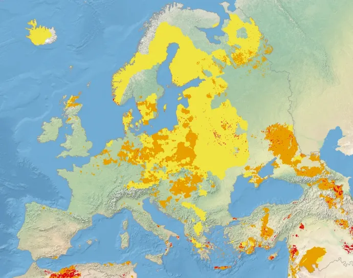 Az európai aszály szintje március közepén (sárga: felkészülési szakasz, narancssárga: figyelmeztetés, piros: vészjelzés) Forrás: Európai Aszályobszervatórium