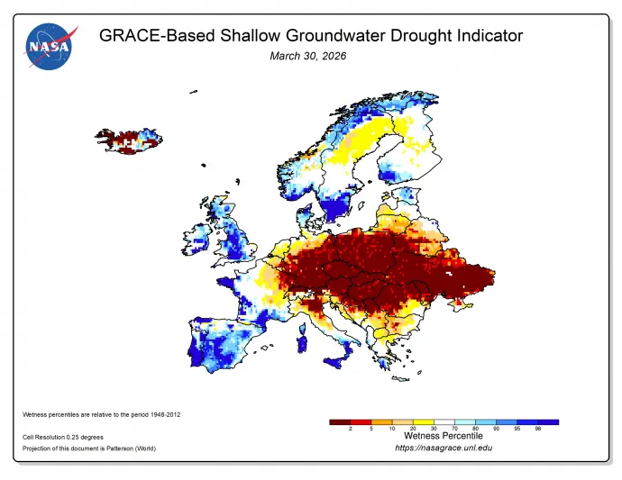 A GRACE-FO adatasszimiláció alapján meghatározott talajvíz- és talajnedvességi viszonyok március 16-án és március 30-án – Forrás: NASA Grace