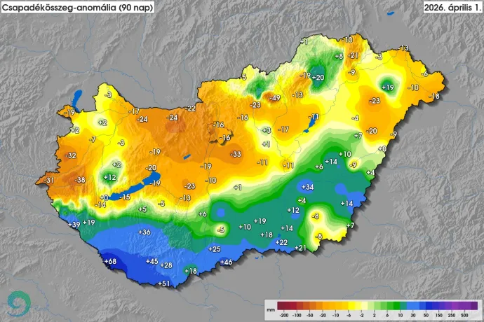 Az elmúlt 90 napban esett csapadék jelentős eltéréseket mutat a szokásostól pozitív és negatív értelemben egyaránt – Forrás: HungaroMet