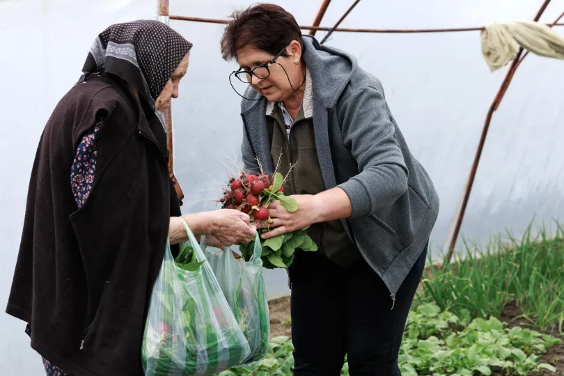 Balázs Éva és Anna néni retekkel és zöldhagymával pakoltak fel – Fotó: Gozner Gertrud / Transtelex