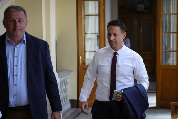 Schadl György (jobbra) érkezik a Fővárosi Törvényszékre 2025. július 3-án – Fotó: Huszti István / Telex