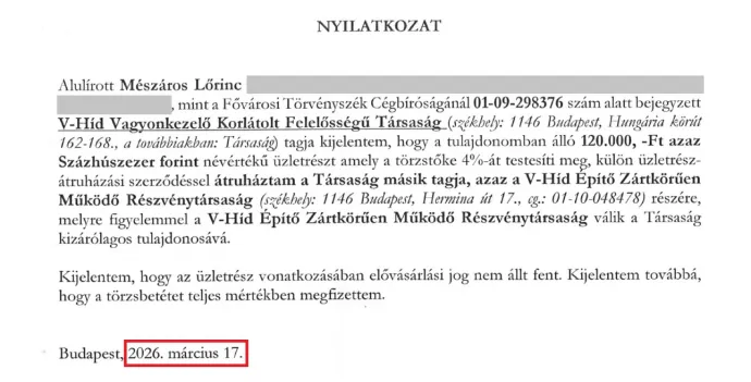 Nyilatkozat az üzletrész átruházásáról