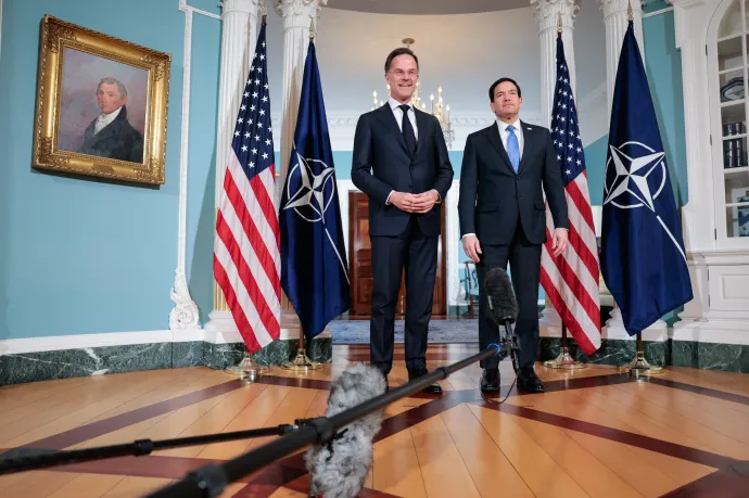 Mark Rutte NATO-főtitkár Marco Rubio amerikai külügyminiszterrel 2026. április 8-án a washingtoni külügyminisztériumban a Trumppal folytatott találkozója előtt – Fotó: Kent Nishimura