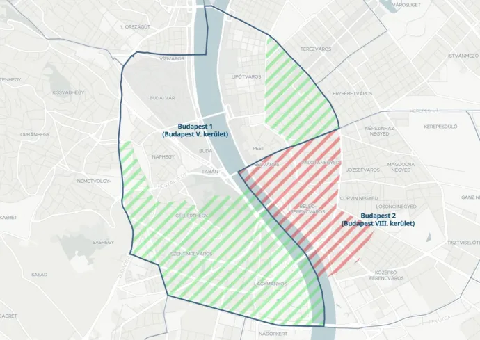 Az átrajzolt 1-es OEVK: zölddel az új, pirossal az elvett területek – Forrás: Telex, választási térkép