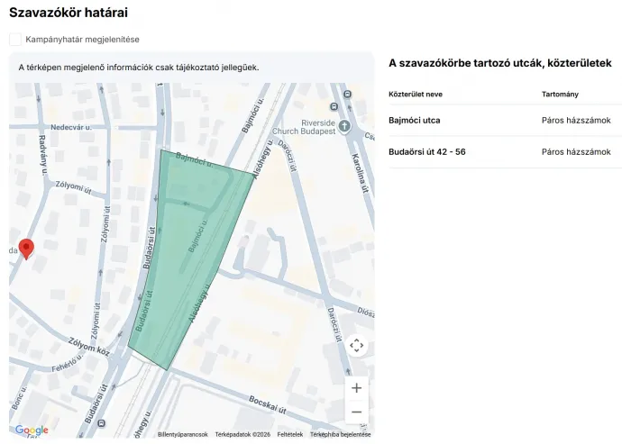 A szavazóficak a Nemzeti Választási Iroda térképén (pirossal az óvodai szavazóhelyiség) – Forrás: NVI