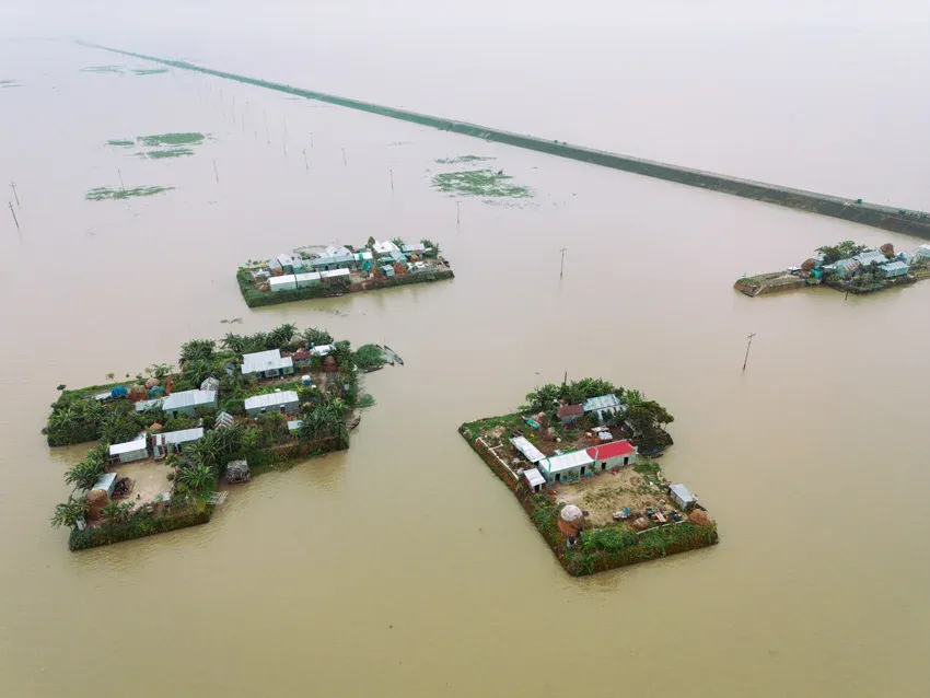 Az egymástól elvágott, szigetszerű településeken házakat és haszonállatokat is látni. A természetes magaslat kilátszik a monszun miatti árvíz alól. / Ashtagram egyetlen megemelt útja köti össze a magasházakat. Az árvízben látszanak az elektromos hálózat póznái – Fotó: Joy Saha