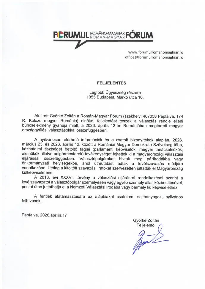 Györke Zoltán feljelentése a Legfőbb Ügyészség részére – Forrás: Gy. Z.