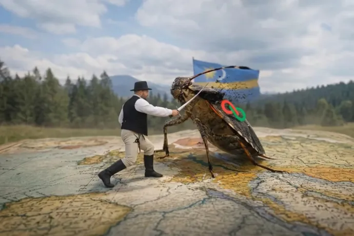 Háromszéki újságíró AI-videóban kaszabolta le a Tisza logós poloskát a székely zászló előtt