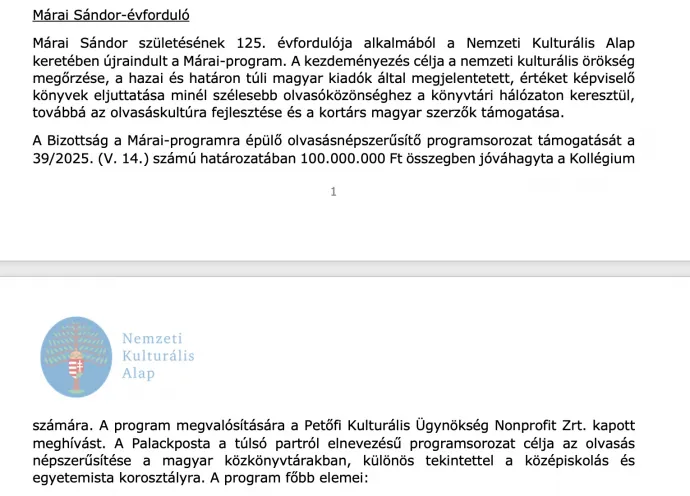 Részlet a lapunk birtokába került, korábbi beszámolóból, amelyben még csak a Jókai- és a Márai-emlékév szerepelt