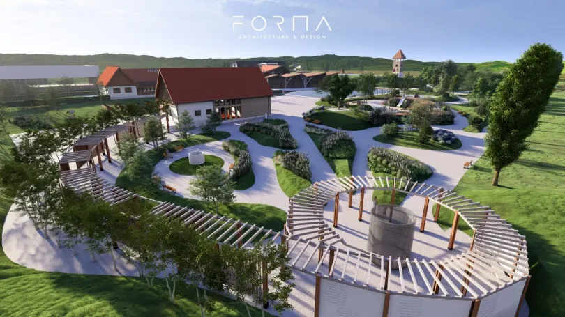 Drónfelvétel az építőtelepről és a verspark látványterve – Forrás: Galambfalva önkormányzata