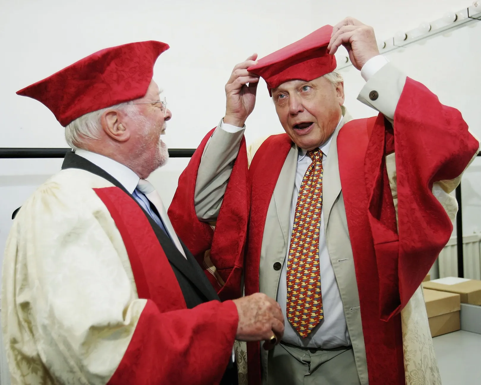 Lord Richard Attenborough és Sir David Attenborough díszbe öltöznek, mielőtt átveszik a Leicesteri Egyetem kitüntetését 2006. július 13-án – Fotó: Matthew Lewis / Getty Images