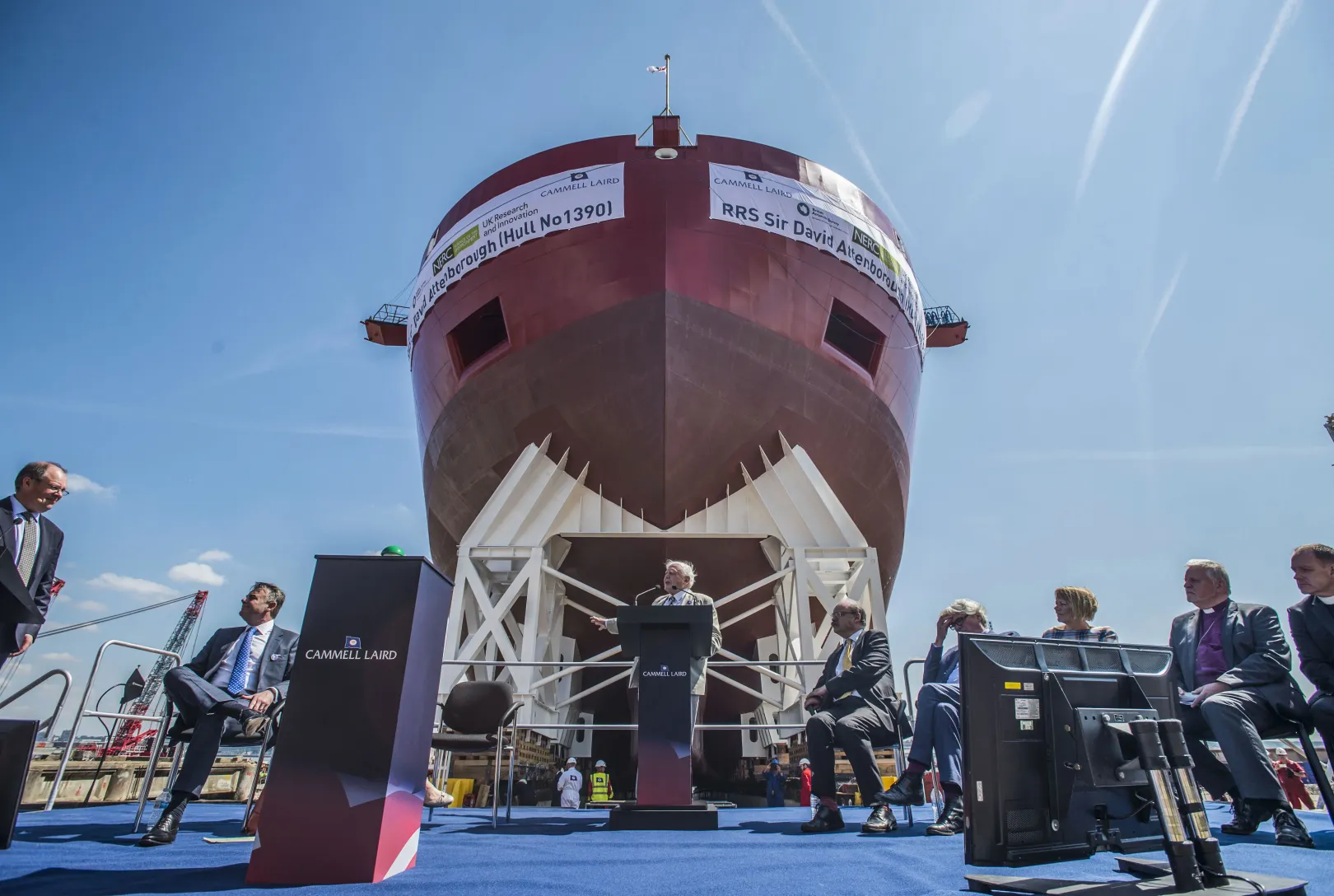 David Attenborough beszédet mond az RRS Sir David Attenborough sarkkutató hajó hajótestének vízre bocsátásakor a liverpooli Mersey folyónál 2018-ban – Fotó: Peter Byrne / PA Images / Getty Images