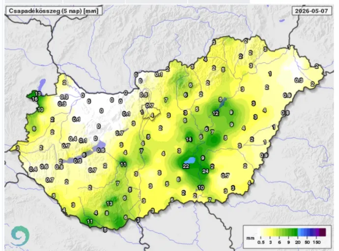 Ötnapos csapadékösszeg az országban – Forrás: HungaroMet
