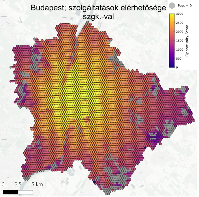 Az Opportunity Score azt az utazási idővel arányosan büntetett (súlyozott) átlagos célpontszámot (POI) mutatja meg, amelyet egy adott terület lakója egy tipikus nap során, észszerű utazási időn belül ténylegesen elérhet a vizsgált közlekedési móddal