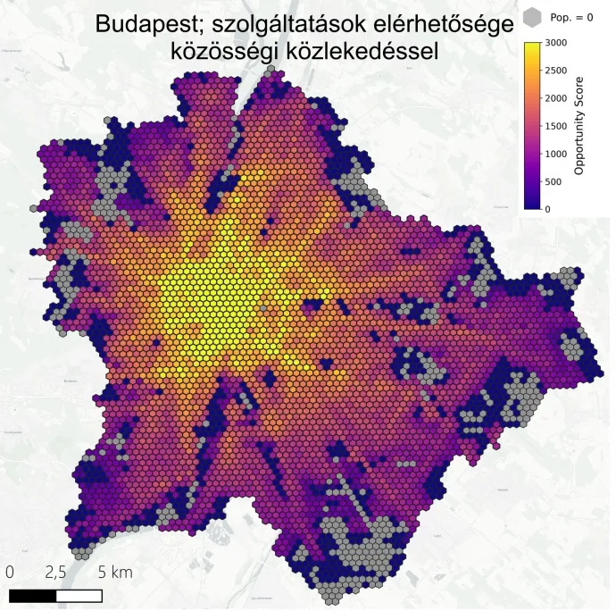 Az Opportunity Score azt az utazási idővel arányosan büntetett (súlyozott) átlagos célpontszámot (POI) mutatja meg, amelyet egy adott terület lakója egy tipikus nap során, ésszerű utazási időn belül ténylegesen elérhet a vizsgált közlekedési móddal