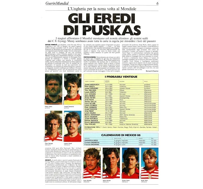 Puskás örökösei, vagyis a magyar futballválogatott az olasz Guerin Sportivo sportmagazinban az 1986-os világbajnokság előtt – Forrás: Fábián Titusz gyűjteménye