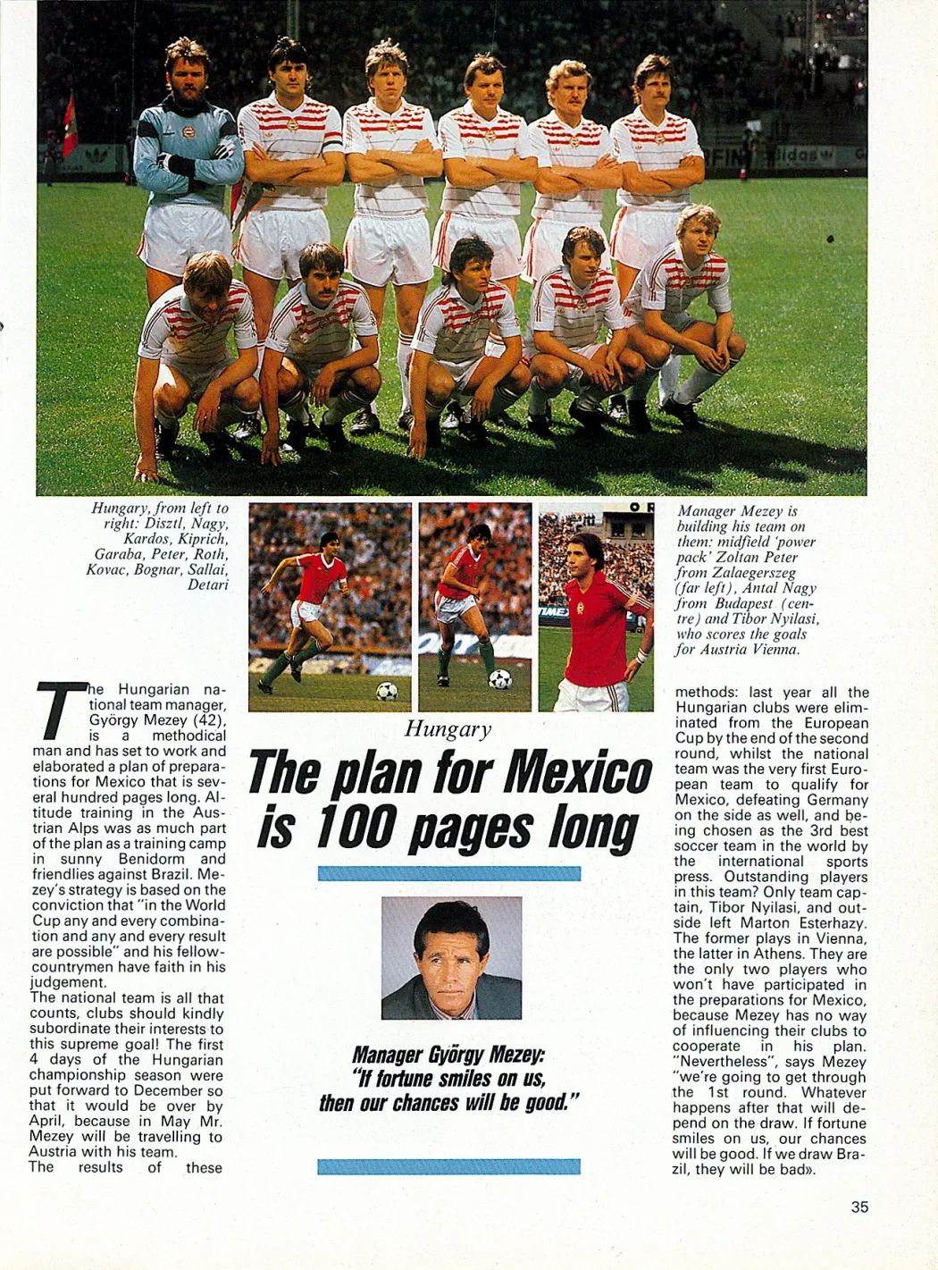 A magyar válogatottról és Mezey György csapatkapitányról szóló cikk az Angol Futballszövetség az 1986-os világbajnokság elé kiadott magazinjában – Forrás: Fábián Titusz gyűjteménye
