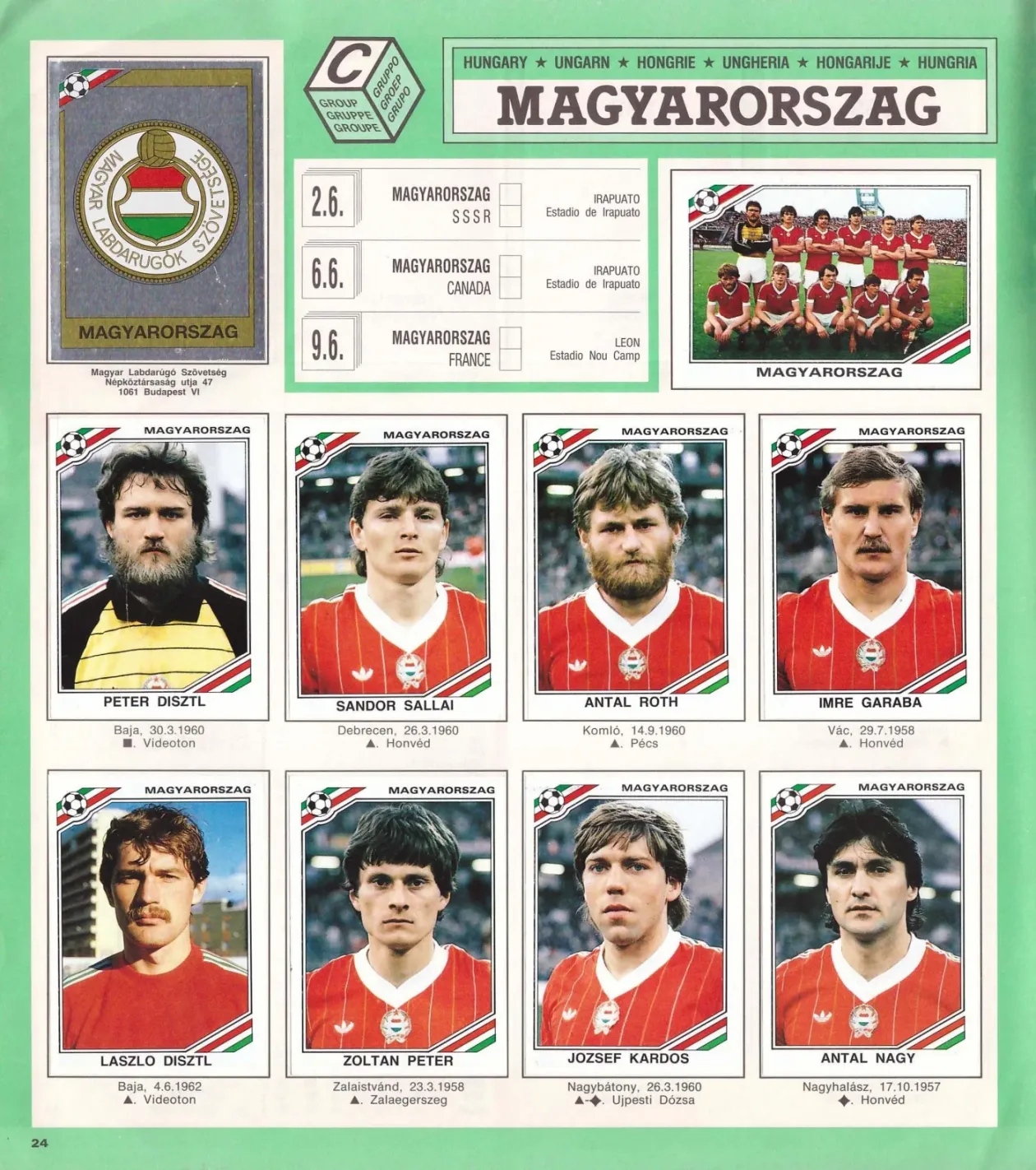 A magyar válogatott a Panini 1986-os vb-kollekciójában – Forrás: Fábián Titusz gyűjteménye