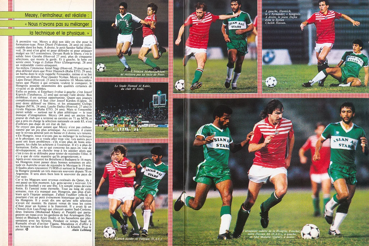 A magyar futballválogatott 1986. márciusi, katari túrájáról szóló cikk a francia Onze magazinban – Forrás: Fábián Titusz gyűjteménye