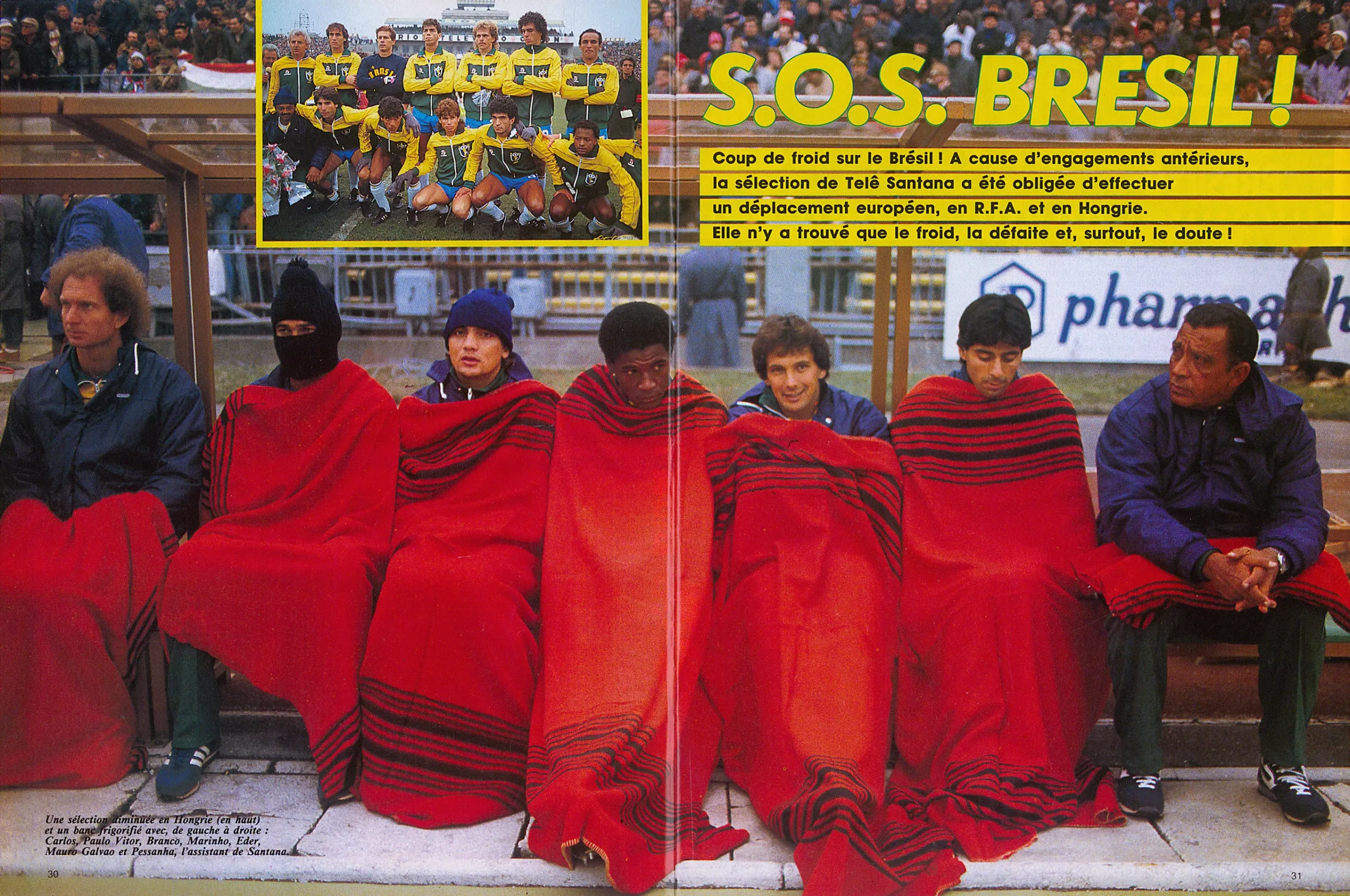 A Népstadionban fagyoskodó brazil futballisták a magyar válogatott elleni, 1988. március 16-i felkészülési mérkőzésen, az Onze francia magazinban – Forrás: Fábián Titusz gyűjteménye