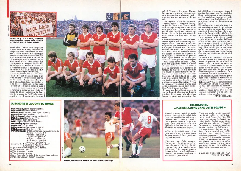 Magyarország ászhármasa – a francia Mondial négyoldalas cikkben foglalkozott a magyar válogatottal az 1986-os, mexikói futball-világbajnokság előtt – Forrás: Fábián Titusz gyűjteménye