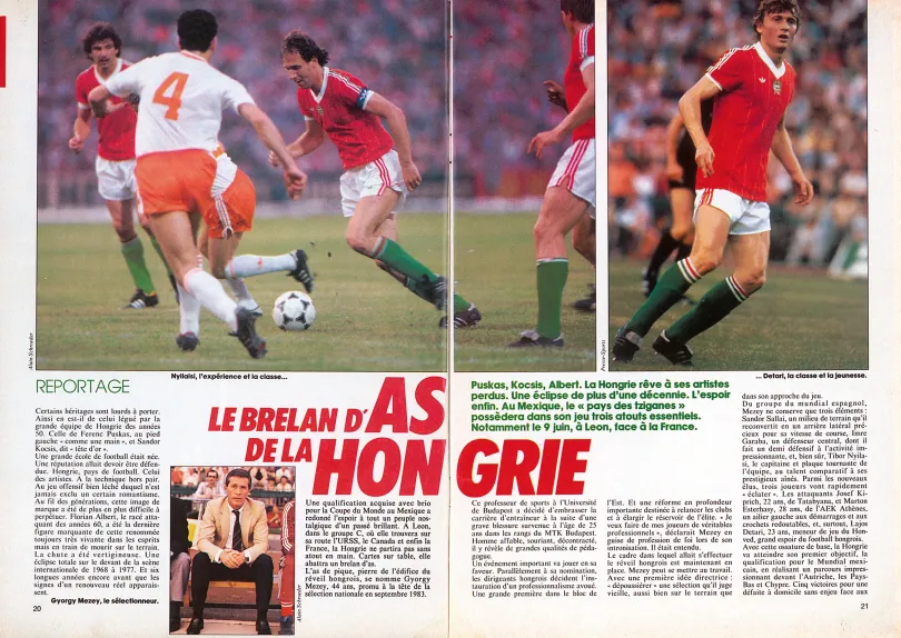 Magyarország ászhármasa – a francia Mondial négyoldalas cikkben foglalkozott a magyar válogatottal az 1986-os, mexikói futball-világbajnokság előtt – Forrás: Fábián Titusz gyűjteménye