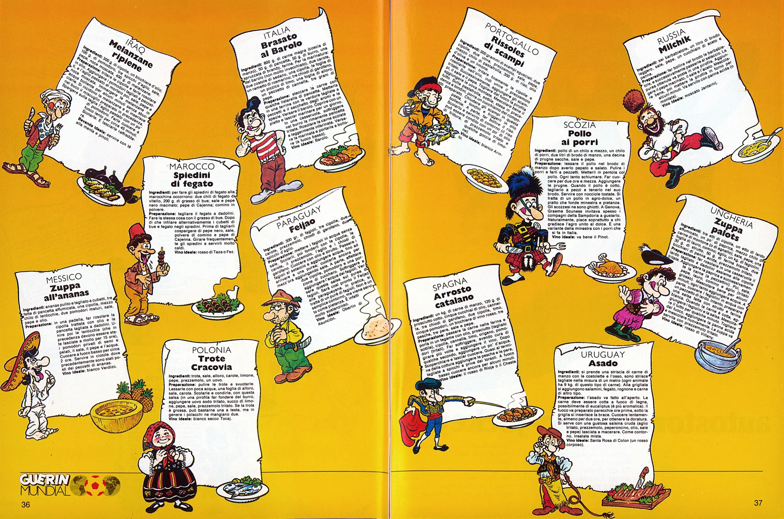 Az 1986-os világbajnokságon részt vevő országok ételei a Guerin Sportivo olasz sportmagazinban – Forrás: Fábián Titusz gyűjteménye