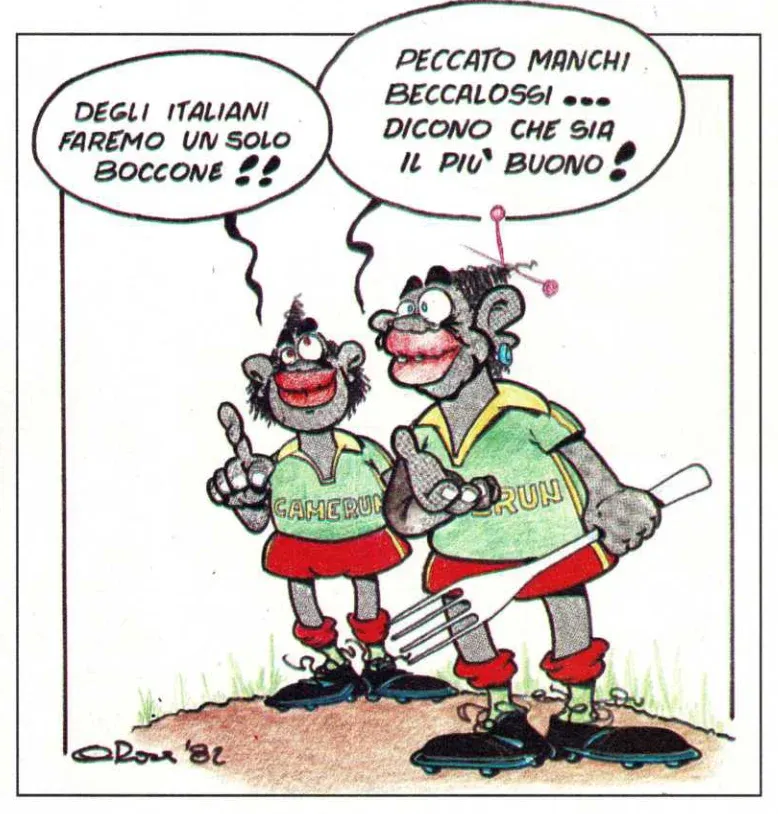 Balra: Karikatúra a kameruni játékosokról az 1982-es világbajnokság Olaszország–Kamerun-mérkőzése elé az olasz Guerin Sportivo magazinban; jobbra: Antonio Cabrini, a Juventus és az olasz válogatott hátvédje rajzolja meg az 1982-es futball-világbajnokság A csoportjának résztvevőit, Olaszországot, Lengyelországot, Perut és Kamerunt – Forrás: Fábián Titusz gyűjteménye