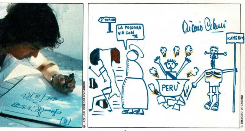 Balra: Karikatúra a kameruni játékosokról az 1982-es világbajnokság Olaszország–Kamerun-mérkőzése elé az olasz Guerin Sportivo magazinban; jobbra: Antonio Cabrini, a Juventus és az olasz válogatott hátvédje rajzolja meg az 1982-es futball-világbajnokság A csoportjának résztvevőit, Olaszországot, Lengyelországot, Perut és Kamerunt – Forrás: Fábián Titusz gyűjteménye